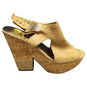 Carlos Santana Bristol Slingback Platform Heels Womens Sz 9 Tan Buckle Open Toe